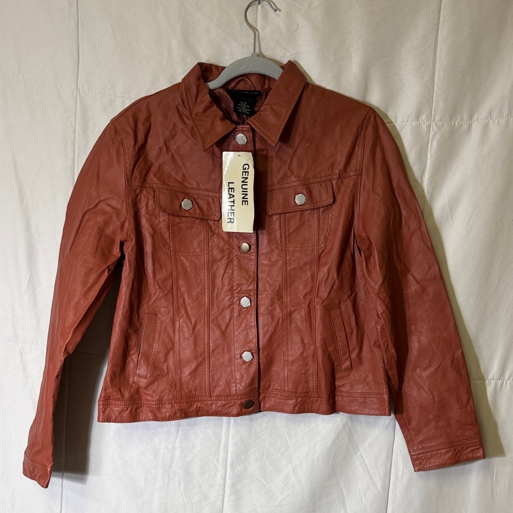 MetroStyle Genuine Leather Jacket Rust Brown Snap Front Size 12 NWT